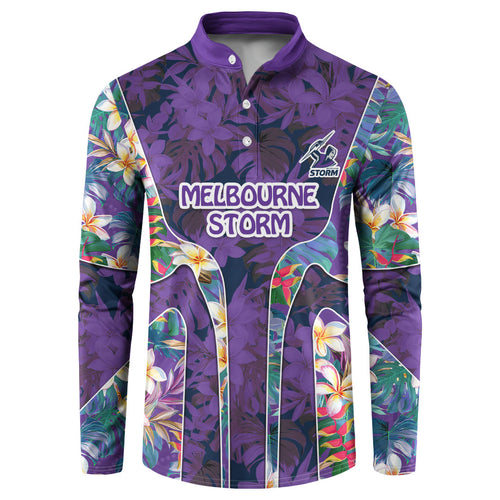 Melbourne Storm Button Sweatshirt Tropical Hibiscus Floral Pattern With Purple And Blue Accents