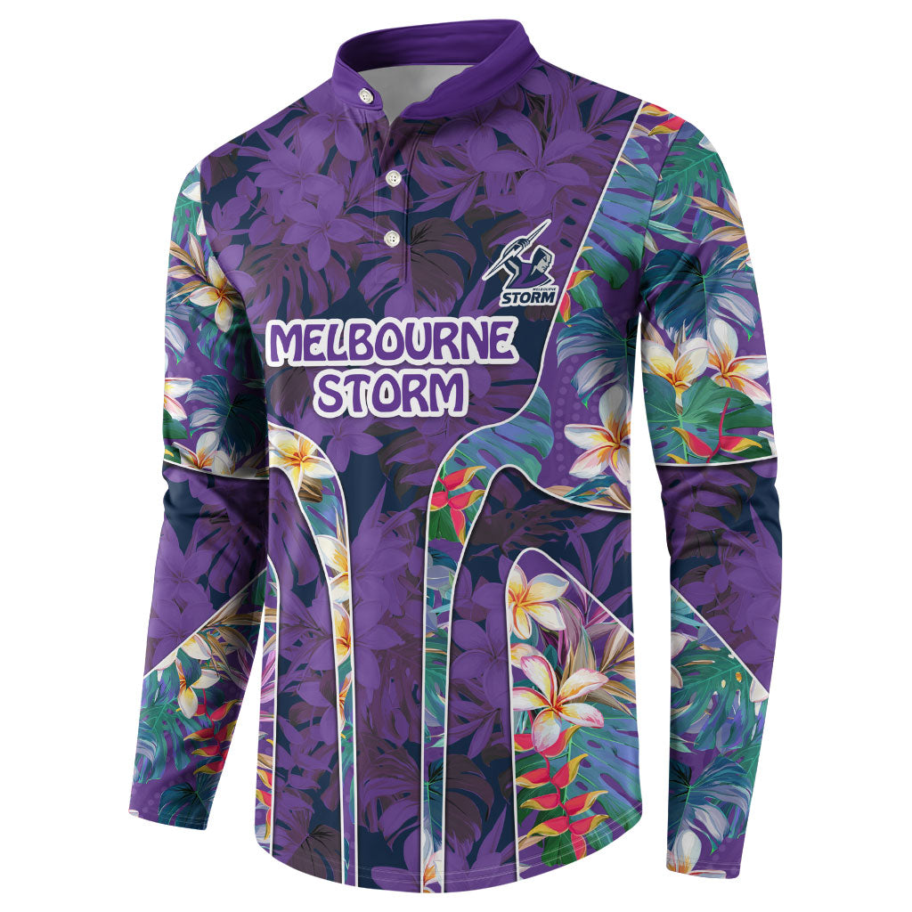 Melbourne Storm Button Sweatshirt Tropical Hibiscus Floral Pattern With Purple And Blue Accents
