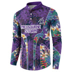 Melbourne Storm Button Sweatshirt Tropical Hibiscus Floral Pattern With Purple And Blue Accents