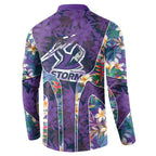 Melbourne Storm Button Sweatshirt Tropical Hibiscus Floral Pattern With Purple And Blue Accents