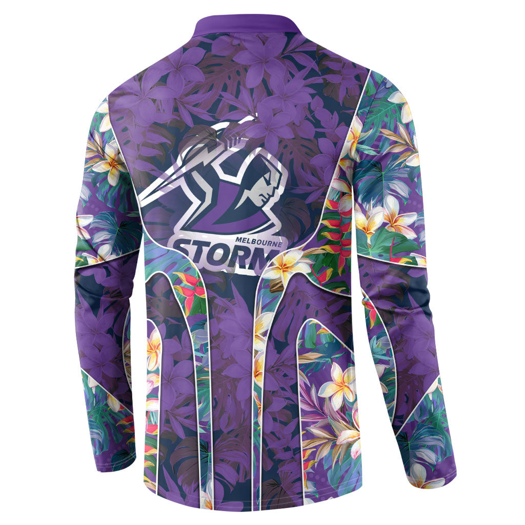 Melbourne Storm Button Sweatshirt Tropical Hibiscus Floral Pattern With Purple And Blue Accents