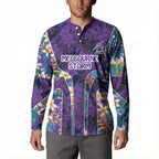 Melbourne Storm Button Sweatshirt Tropical Hibiscus Floral Pattern With Purple And Blue Accents