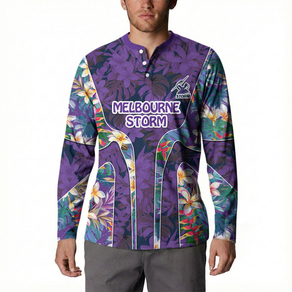 Melbourne Storm Button Sweatshirt Tropical Hibiscus Floral Pattern With Purple And Blue Accents