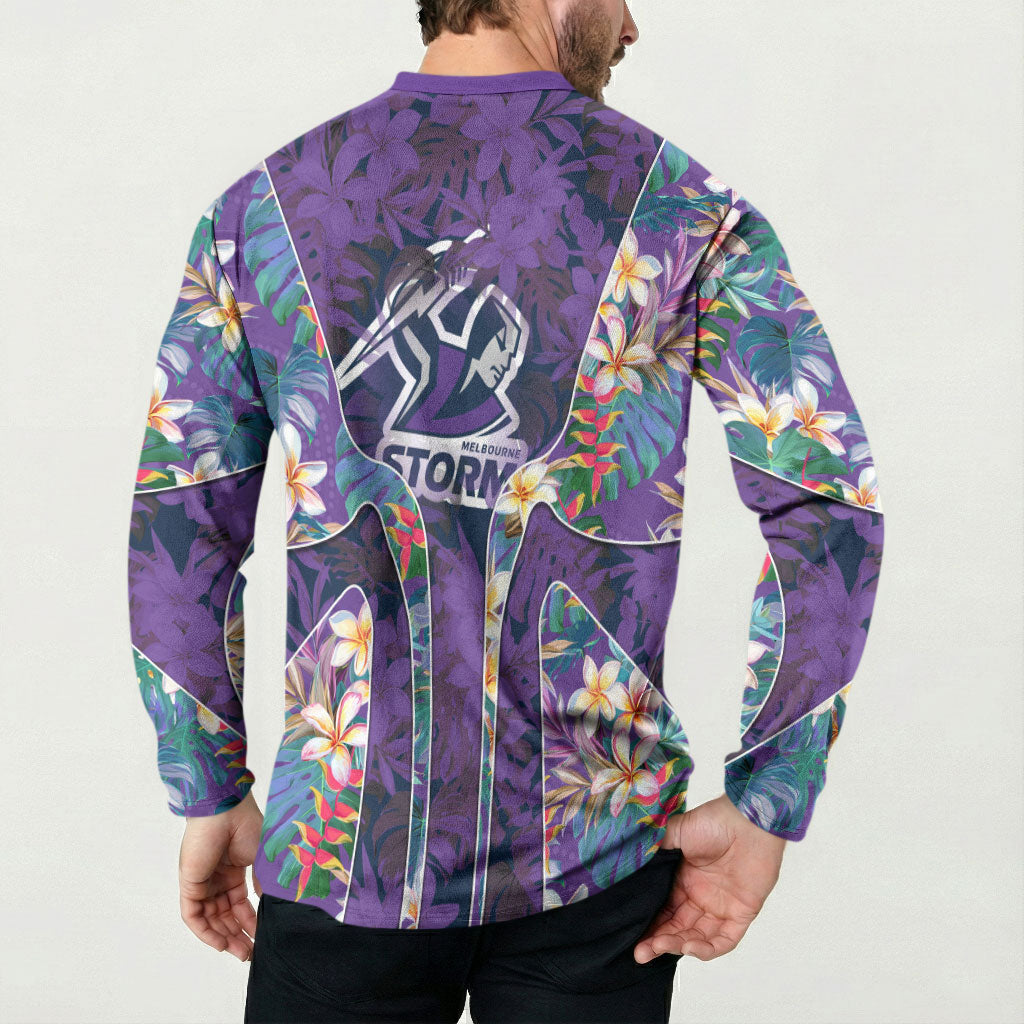 Melbourne Storm Button Sweatshirt Tropical Hibiscus Floral Pattern With Purple And Blue Accents