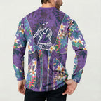 Melbourne Storm Button Sweatshirt Tropical Hibiscus Floral Pattern With Purple And Blue Accents