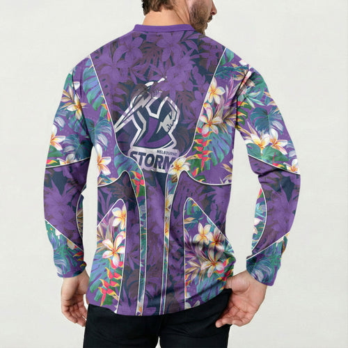 Melbourne Storm Button Sweatshirt Tropical Hibiscus Floral Pattern With Purple And Blue Accents
