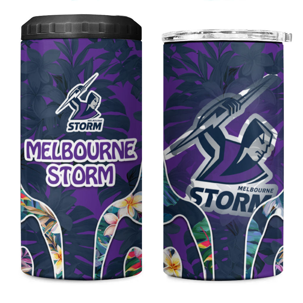 Melbourne Storm 4 in 1 Can Cooler Tumbler Tropical Hibiscus Floral Pattern With Purple And Blue Accents