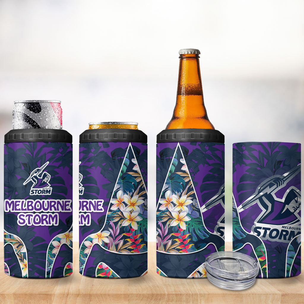 Melbourne Storm 4 in 1 Can Cooler Tumbler Tropical Hibiscus Floral Pattern With Purple And Blue Accents