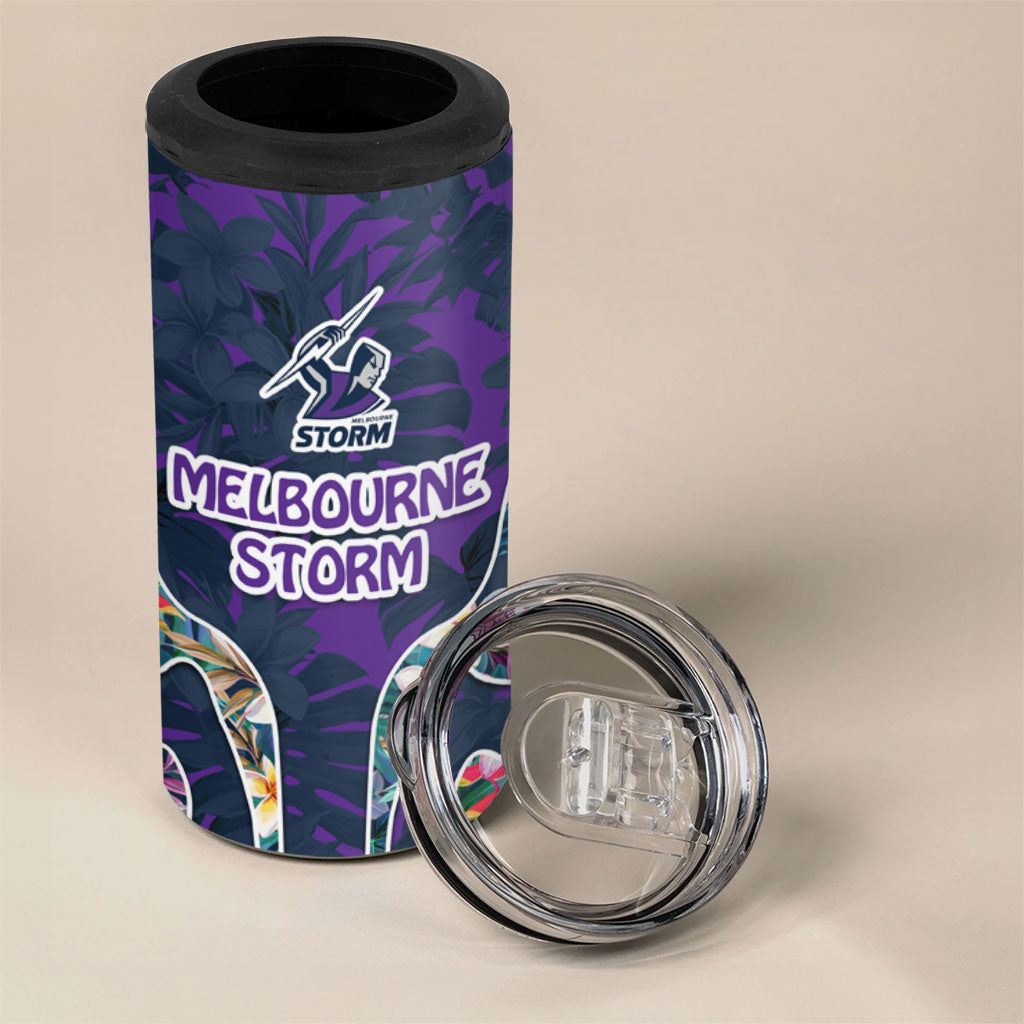 Melbourne Storm 4 in 1 Can Cooler Tumbler Tropical Hibiscus Floral Pattern With Purple And Blue Accents