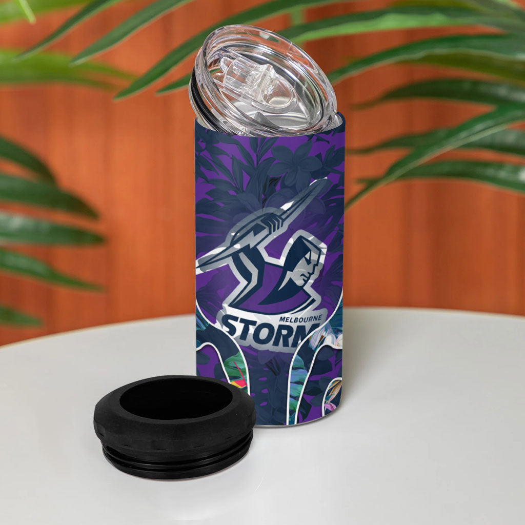 Melbourne Storm 4 in 1 Can Cooler Tumbler Tropical Hibiscus Floral Pattern With Purple And Blue Accents