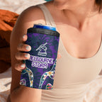 Melbourne Storm 4 in 1 Can Cooler Tumbler Tropical Hibiscus Floral Pattern With Purple And Blue Accents