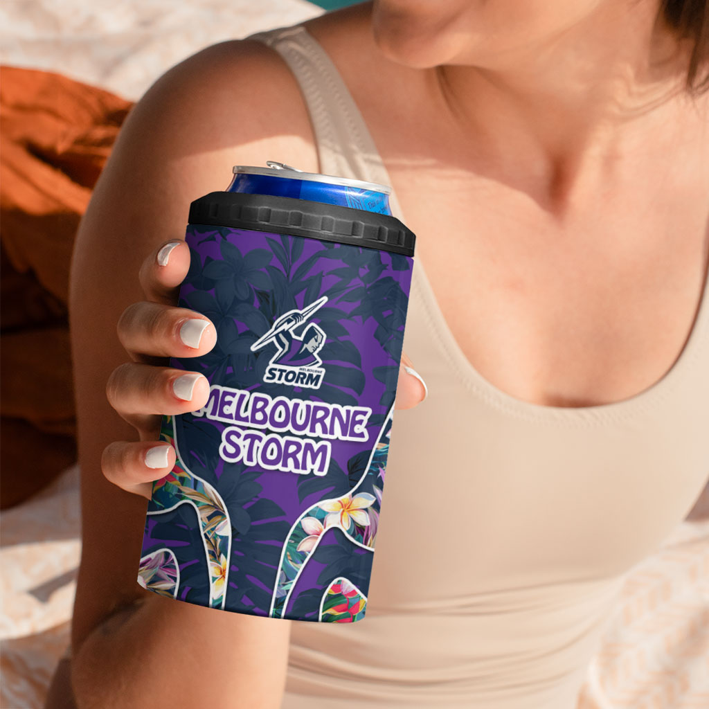 Melbourne Storm 4 in 1 Can Cooler Tumbler Tropical Hibiscus Floral Pattern With Purple And Blue Accents
