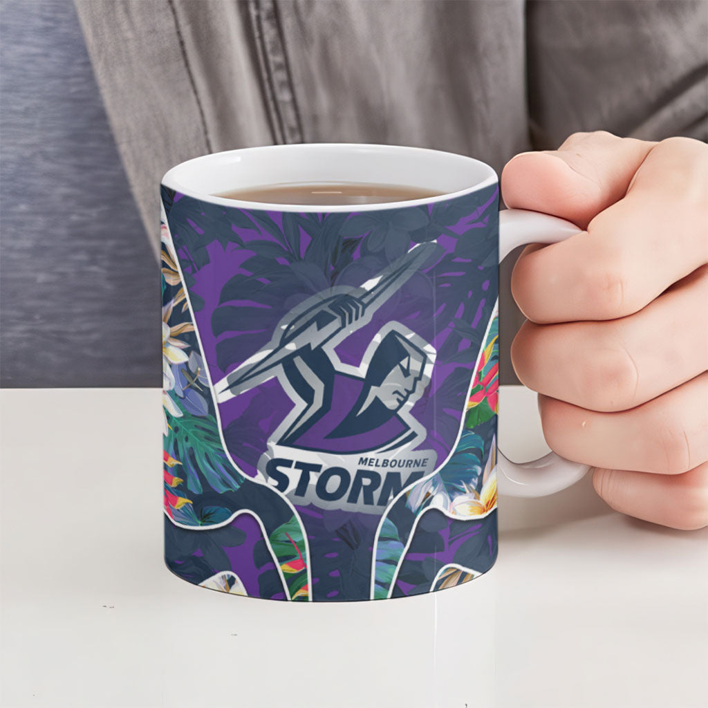 Melbourne Storm Ceramic Mug Tropical Hibiscus Floral Pattern With Purple And Blue Accents