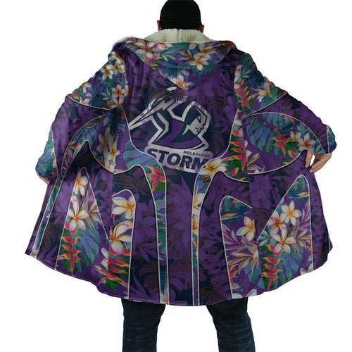 Melbourne Storm Cloak Tropical Hibiscus Floral Pattern With Purple And Blue Accents