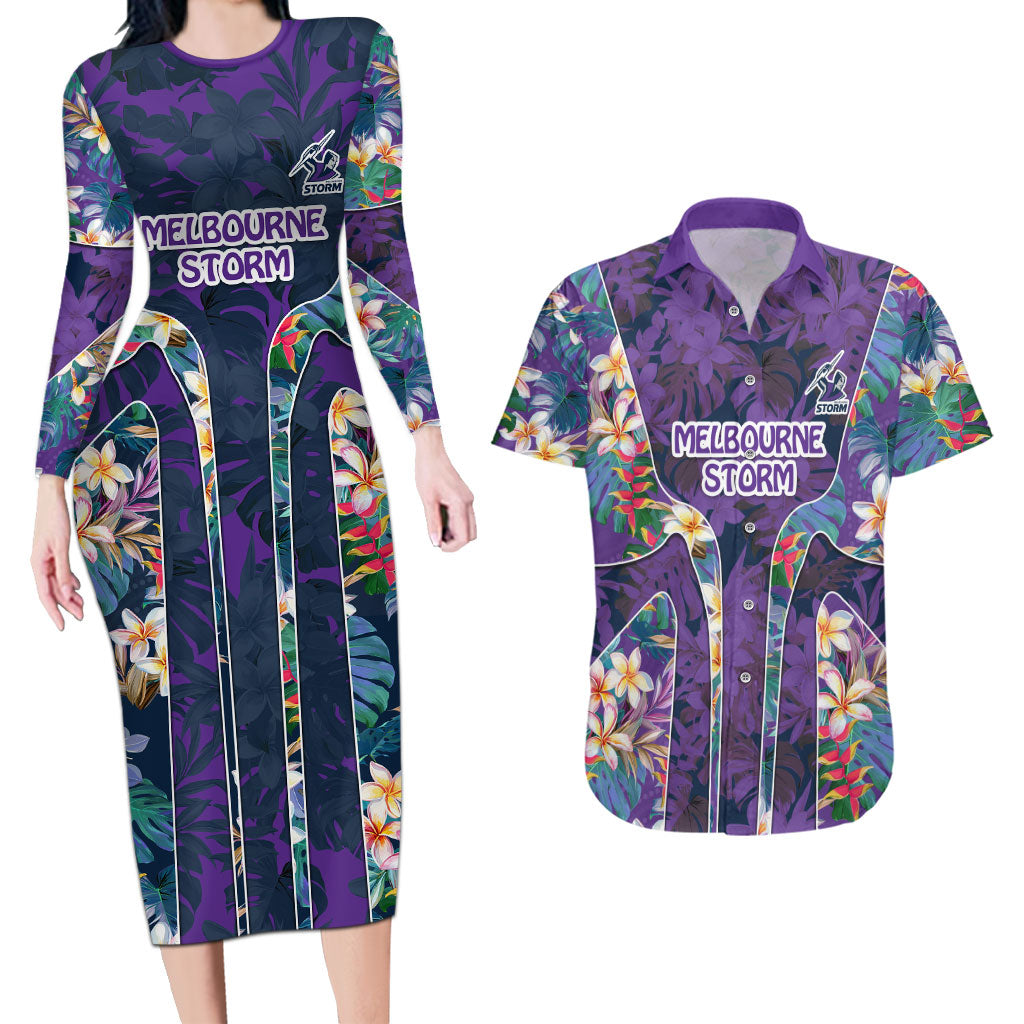 Melbourne Storm Couples Matching Long Sleeve Bodycon Dress and Hawaiian Shirt Tropical Hibiscus Floral Pattern With Purple And Blue Accents