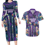 Melbourne Storm Couples Matching Long Sleeve Bodycon Dress and Hawaiian Shirt Tropical Hibiscus Floral Pattern With Purple And Blue Accents