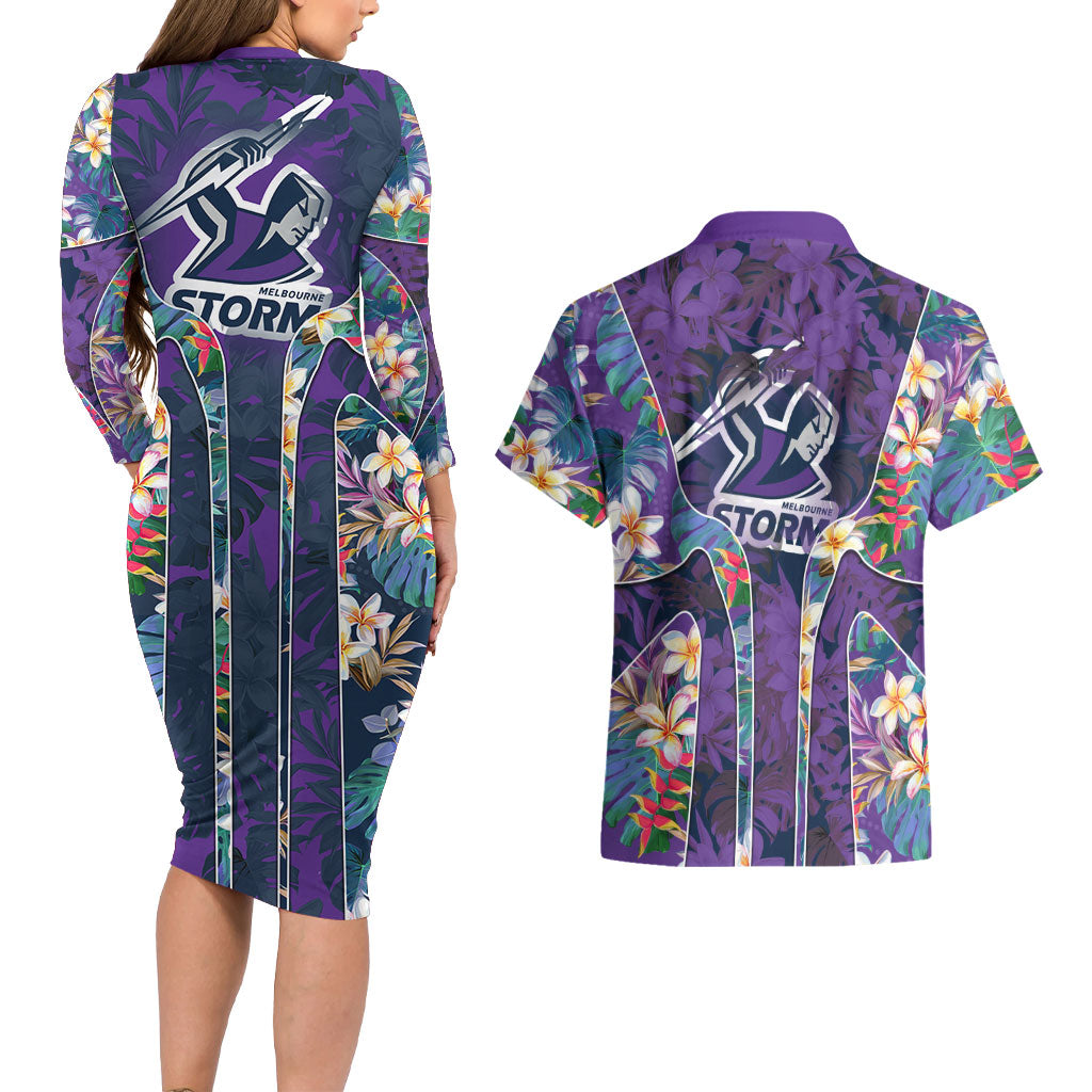 Melbourne Storm Couples Matching Long Sleeve Bodycon Dress and Hawaiian Shirt Tropical Hibiscus Floral Pattern With Purple And Blue Accents