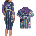 Melbourne Storm Couples Matching Long Sleeve Bodycon Dress and Hawaiian Shirt Tropical Hibiscus Floral Pattern With Purple And Blue Accents