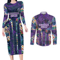 Melbourne Storm Couples Matching Long Sleeve Bodycon Dress and Long Sleeve Button Shirt Tropical Hibiscus Floral Pattern With Purple And Blue Accents