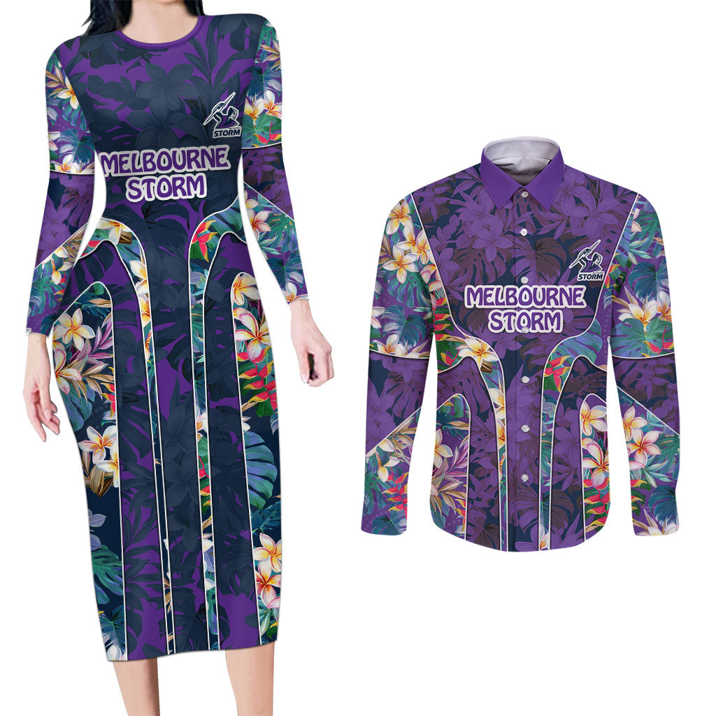 Melbourne Storm Couples Matching Long Sleeve Bodycon Dress and Long Sleeve Button Shirt Tropical Hibiscus Floral Pattern With Purple And Blue Accents