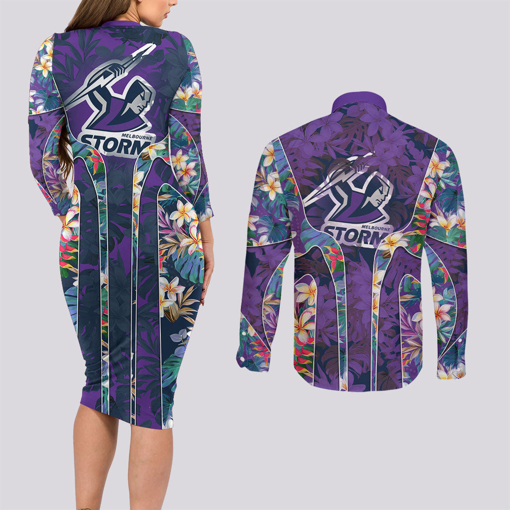 Melbourne Storm Couples Matching Long Sleeve Bodycon Dress and Long Sleeve Button Shirt Tropical Hibiscus Floral Pattern With Purple And Blue Accents