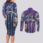 Melbourne Storm Couples Matching Long Sleeve Bodycon Dress and Long Sleeve Button Shirt Tropical Hibiscus Floral Pattern With Purple And Blue Accents