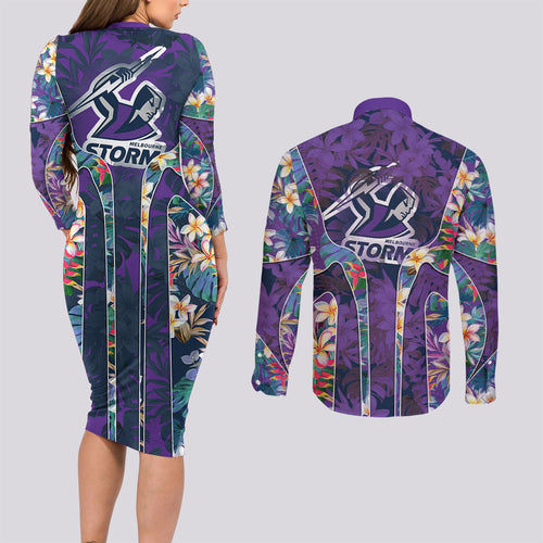 Melbourne Storm Couples Matching Long Sleeve Bodycon Dress and Long Sleeve Button Shirt Tropical Hibiscus Floral Pattern With Purple And Blue Accents
