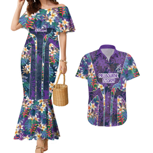 Melbourne Storm Couples Matching Mermaid Dress and Hawaiian Shirt Tropical Hibiscus Floral Pattern With Purple And Blue Accents