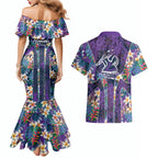 Melbourne Storm Couples Matching Mermaid Dress and Hawaiian Shirt Tropical Hibiscus Floral Pattern With Purple And Blue Accents