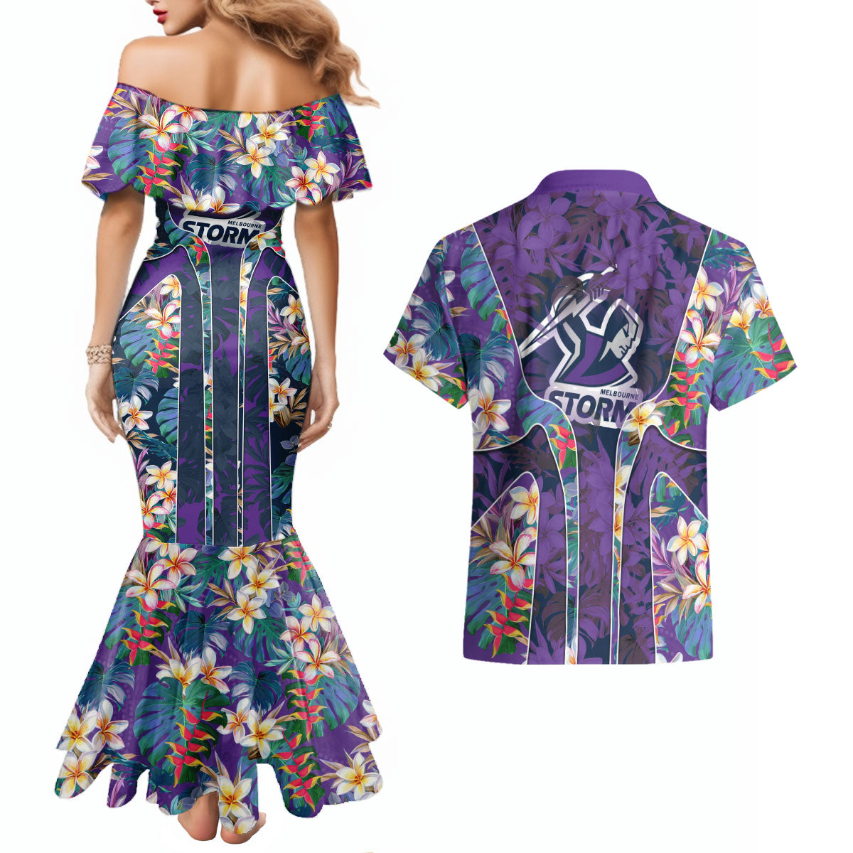 Melbourne Storm Couples Matching Mermaid Dress and Hawaiian Shirt Tropical Hibiscus Floral Pattern With Purple And Blue Accents