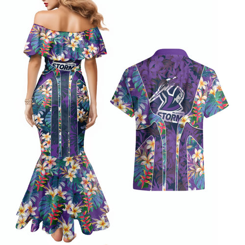 Melbourne Storm Couples Matching Mermaid Dress and Hawaiian Shirt Tropical Hibiscus Floral Pattern With Purple And Blue Accents
