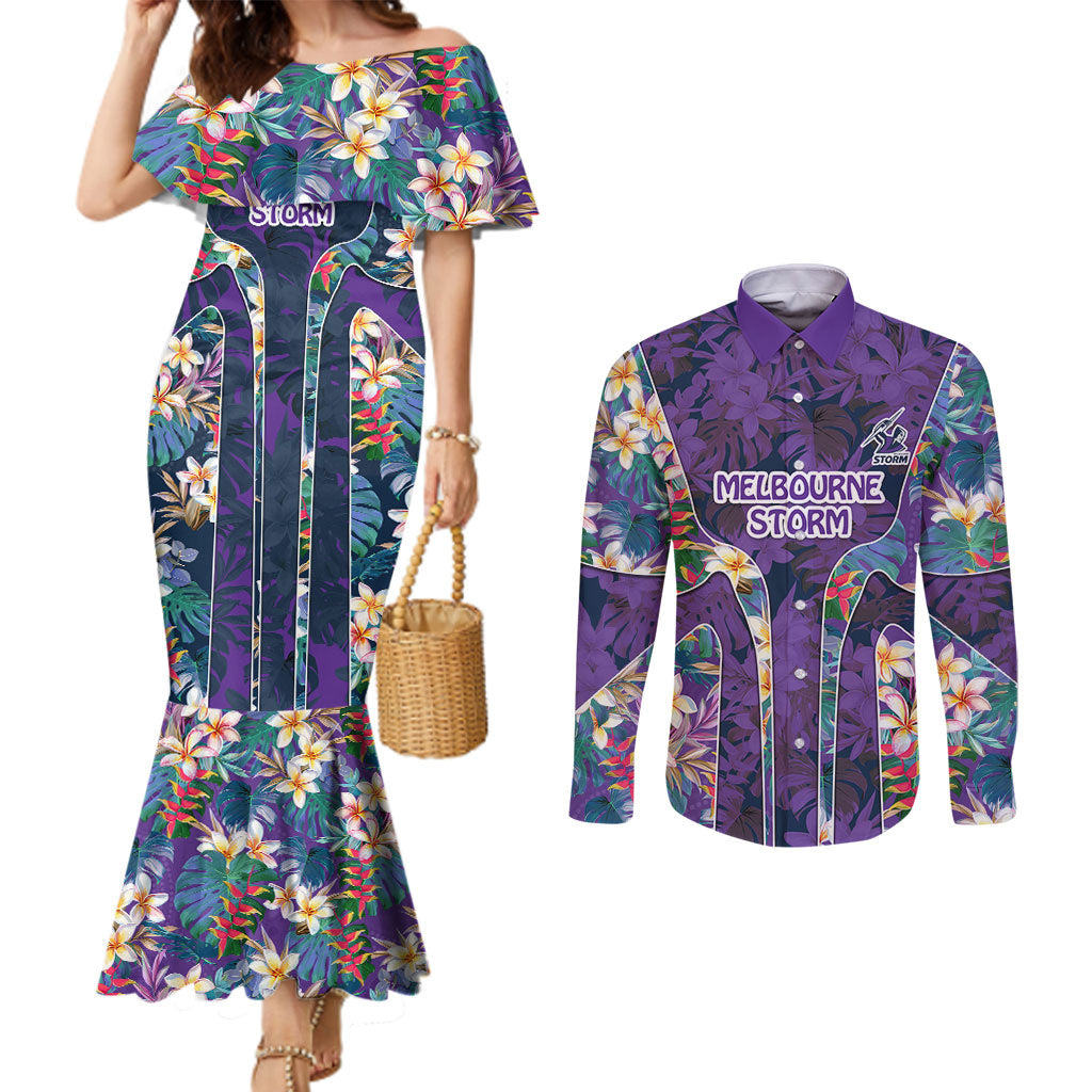 Melbourne Storm Couples Matching Mermaid Dress and Long Sleeve Button Shirt Tropical Hibiscus Floral Pattern With Purple And Blue Accents