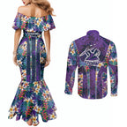 Melbourne Storm Couples Matching Mermaid Dress and Long Sleeve Button Shirt Tropical Hibiscus Floral Pattern With Purple And Blue Accents