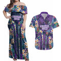 Melbourne Storm Couples Matching Off Shoulder Maxi Dress and Hawaiian Shirt Tropical Hibiscus Floral Pattern With Purple And Blue Accents