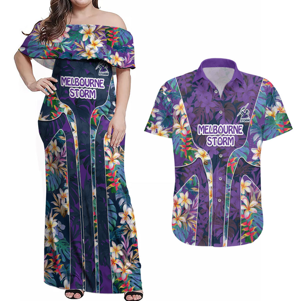 Melbourne Storm Couples Matching Off Shoulder Maxi Dress and Hawaiian Shirt Tropical Hibiscus Floral Pattern With Purple And Blue Accents