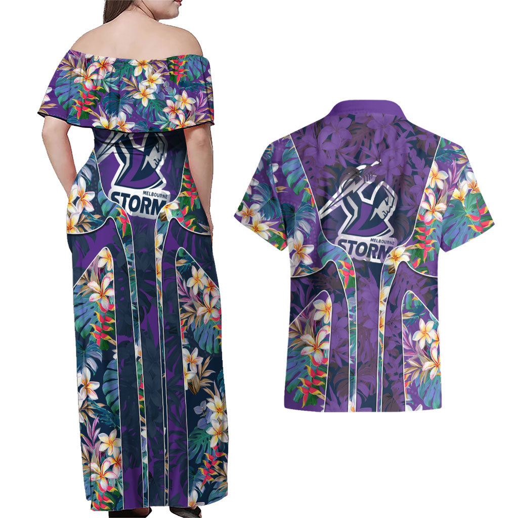 Melbourne Storm Couples Matching Off Shoulder Maxi Dress and Hawaiian Shirt Tropical Hibiscus Floral Pattern With Purple And Blue Accents