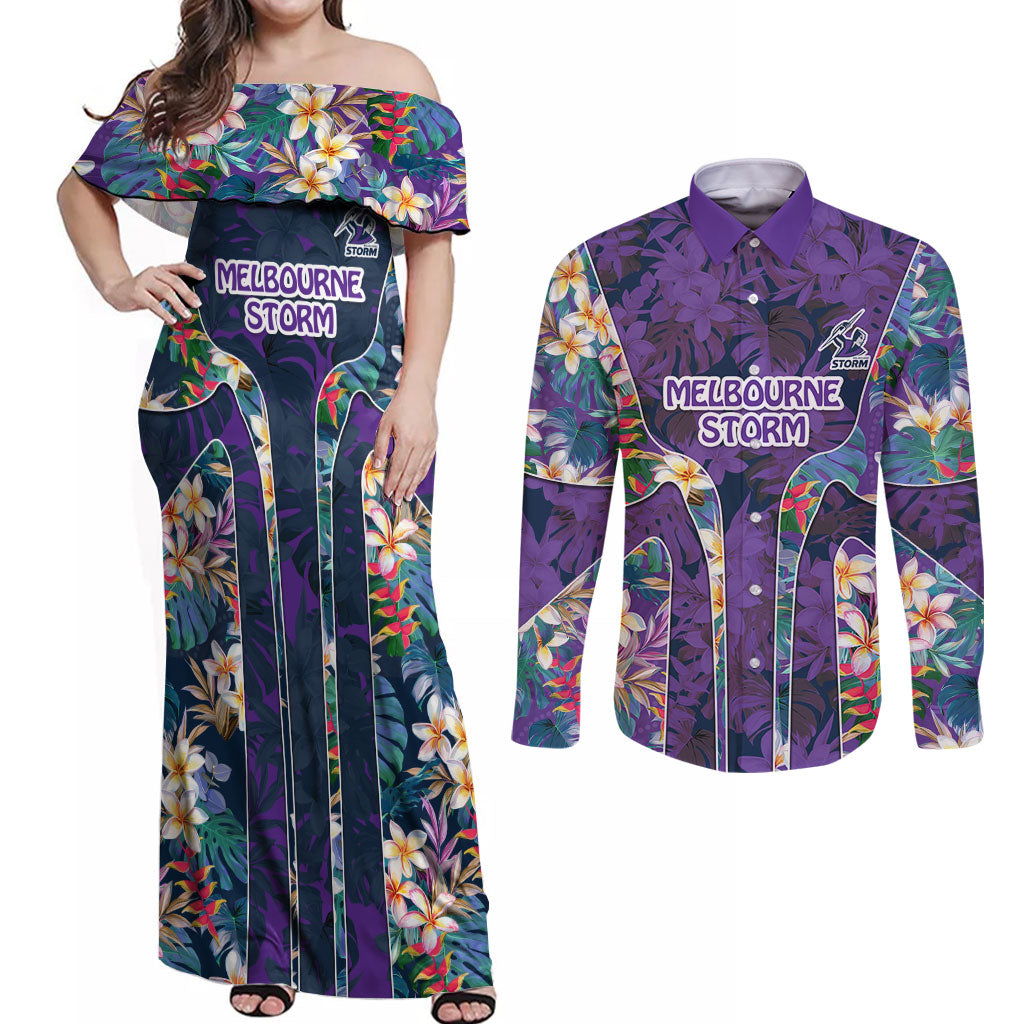 Melbourne Storm Couples Matching Off Shoulder Maxi Dress and Long Sleeve Button Shirt Tropical Hibiscus Floral Pattern With Purple And Blue Accents