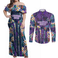 Melbourne Storm Couples Matching Off Shoulder Maxi Dress and Long Sleeve Button Shirt Tropical Hibiscus Floral Pattern With Purple And Blue Accents