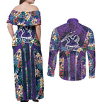 Melbourne Storm Couples Matching Off Shoulder Maxi Dress and Long Sleeve Button Shirt Tropical Hibiscus Floral Pattern With Purple And Blue Accents