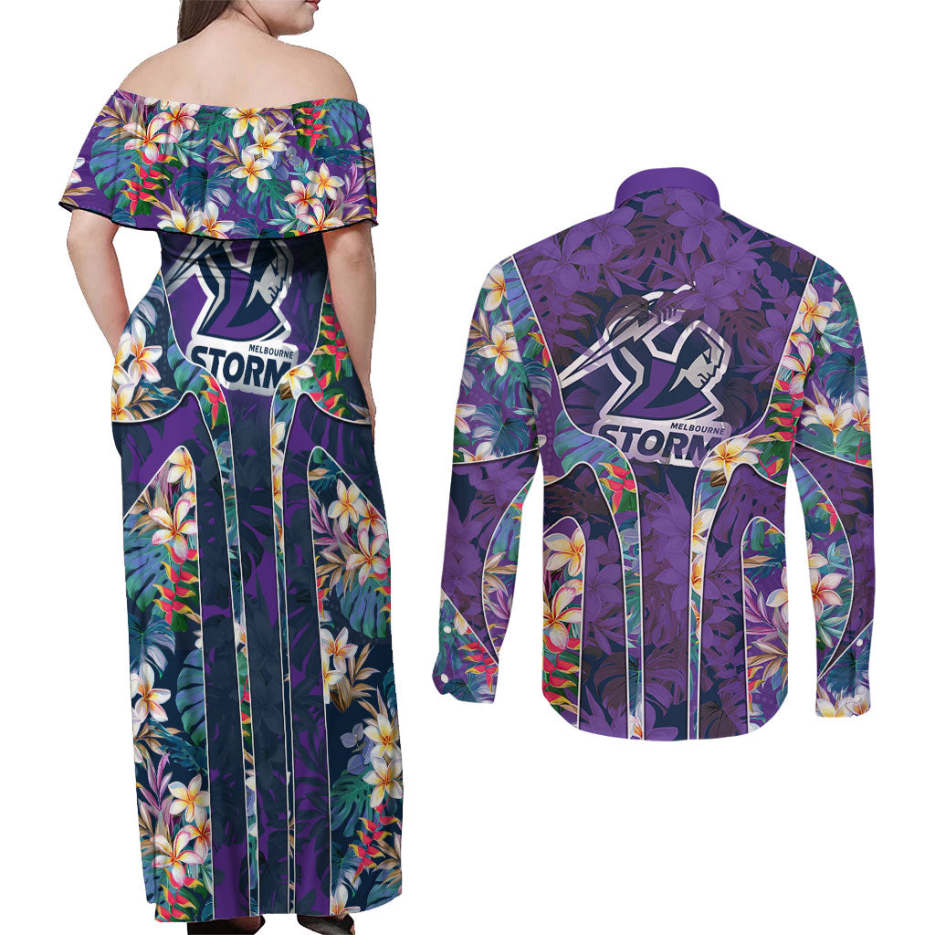 Melbourne Storm Couples Matching Off Shoulder Maxi Dress and Long Sleeve Button Shirt Tropical Hibiscus Floral Pattern With Purple And Blue Accents