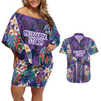 Melbourne Storm Couples Matching Off Shoulder Short Dress and Hawaiian Shirt Tropical Hibiscus Floral Pattern With Purple And Blue Accents