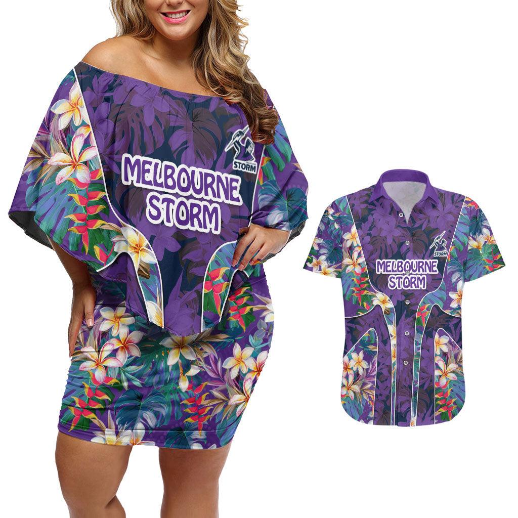 Melbourne Storm Couples Matching Off Shoulder Short Dress and Hawaiian Shirt Tropical Hibiscus Floral Pattern With Purple And Blue Accents