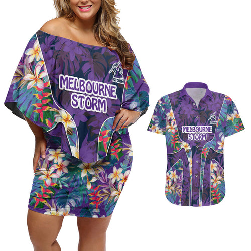 Melbourne Storm Couples Matching Off Shoulder Short Dress and Hawaiian Shirt Tropical Hibiscus Floral Pattern With Purple And Blue Accents