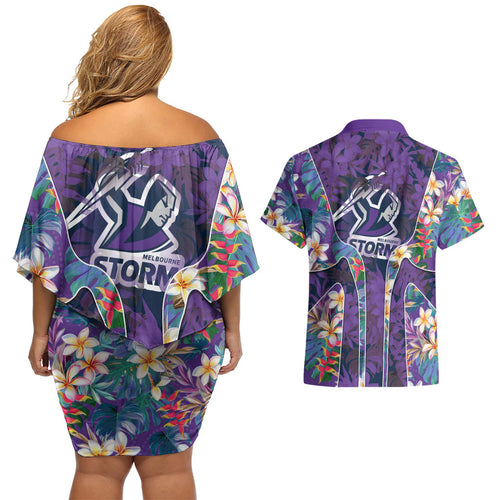 Melbourne Storm Couples Matching Off Shoulder Short Dress and Hawaiian Shirt Tropical Hibiscus Floral Pattern With Purple And Blue Accents