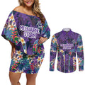 Melbourne Storm Couples Matching Off Shoulder Short Dress and Long Sleeve Button Shirt Tropical Hibiscus Floral Pattern With Purple And Blue Accents