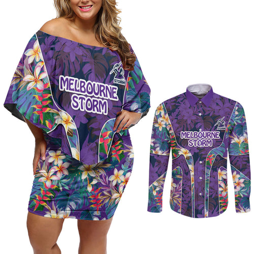 Melbourne Storm Couples Matching Off Shoulder Short Dress and Long Sleeve Button Shirt Tropical Hibiscus Floral Pattern With Purple And Blue Accents