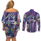 Melbourne Storm Couples Matching Off Shoulder Short Dress and Long Sleeve Button Shirt Tropical Hibiscus Floral Pattern With Purple And Blue Accents