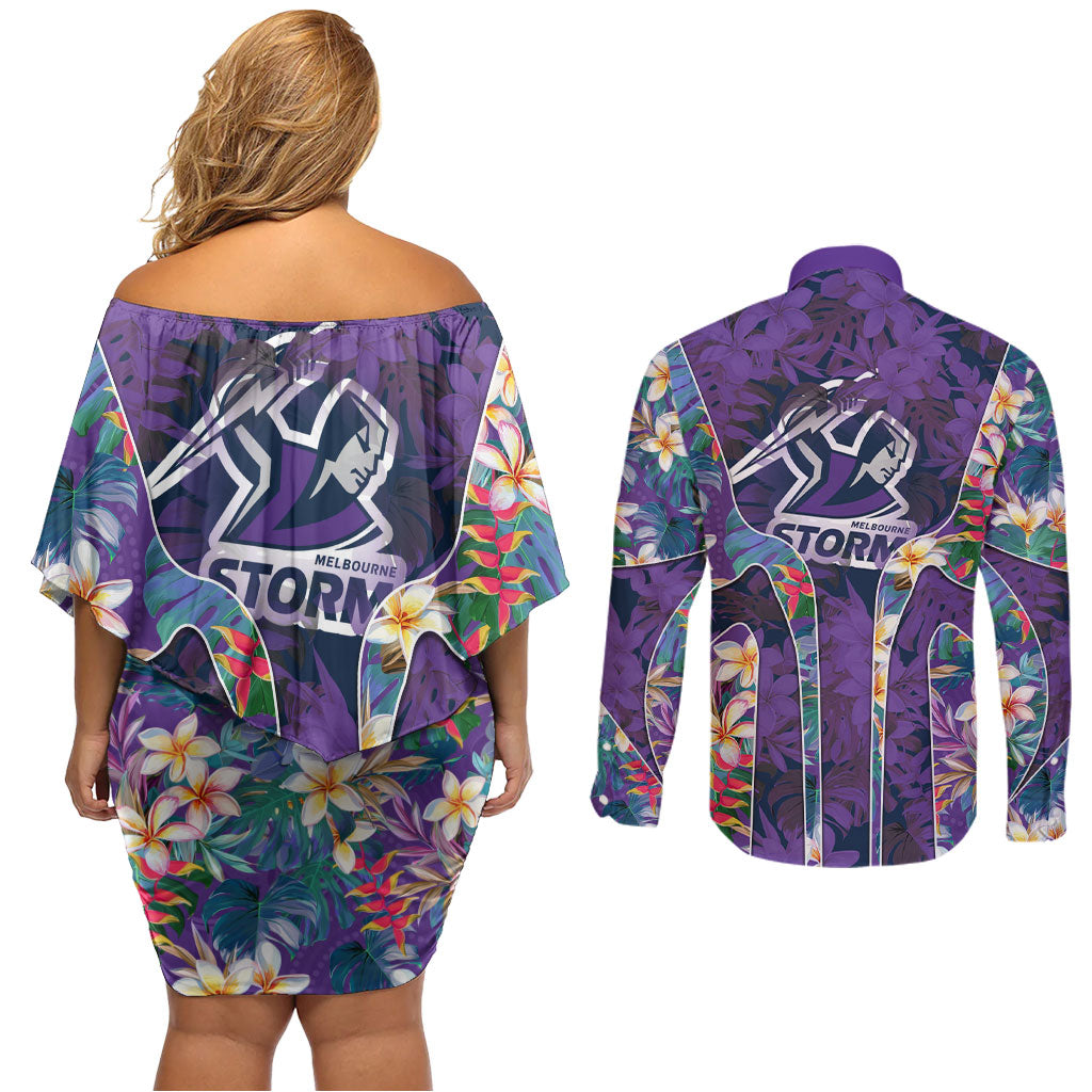 Melbourne Storm Couples Matching Off Shoulder Short Dress and Long Sleeve Button Shirt Tropical Hibiscus Floral Pattern With Purple And Blue Accents