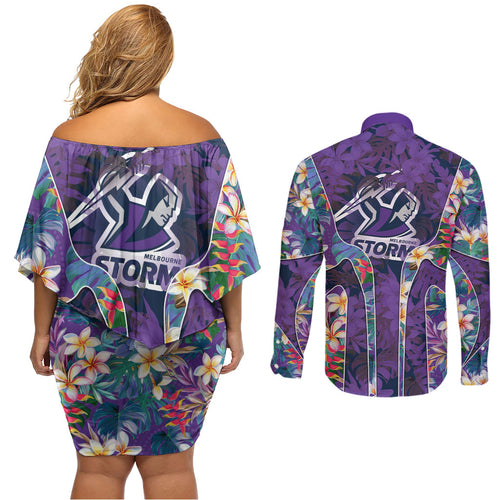 Melbourne Storm Couples Matching Off Shoulder Short Dress and Long Sleeve Button Shirt Tropical Hibiscus Floral Pattern With Purple And Blue Accents