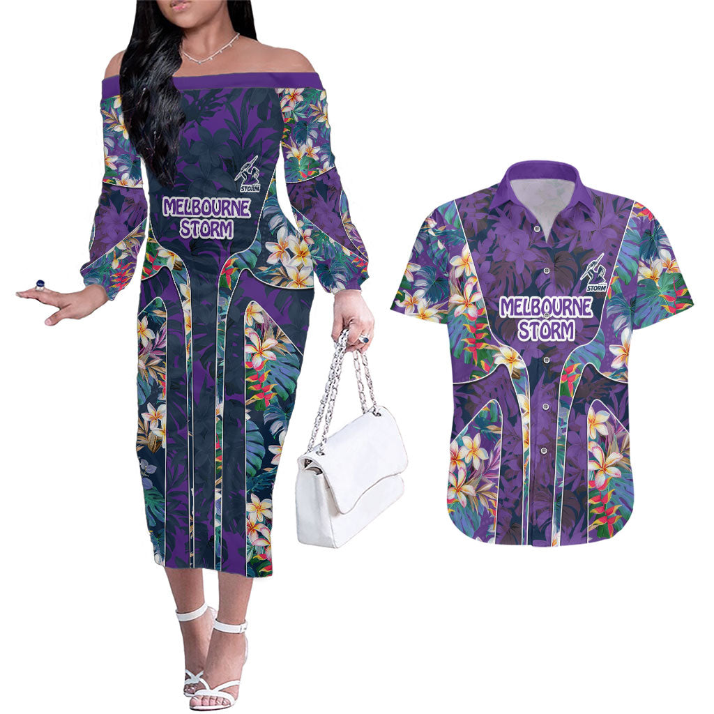 Melbourne Storm Couples Matching Off The Shoulder Long Sleeve Dress and Hawaiian Shirt Tropical Hibiscus Floral Pattern With Purple And Blue Accents
